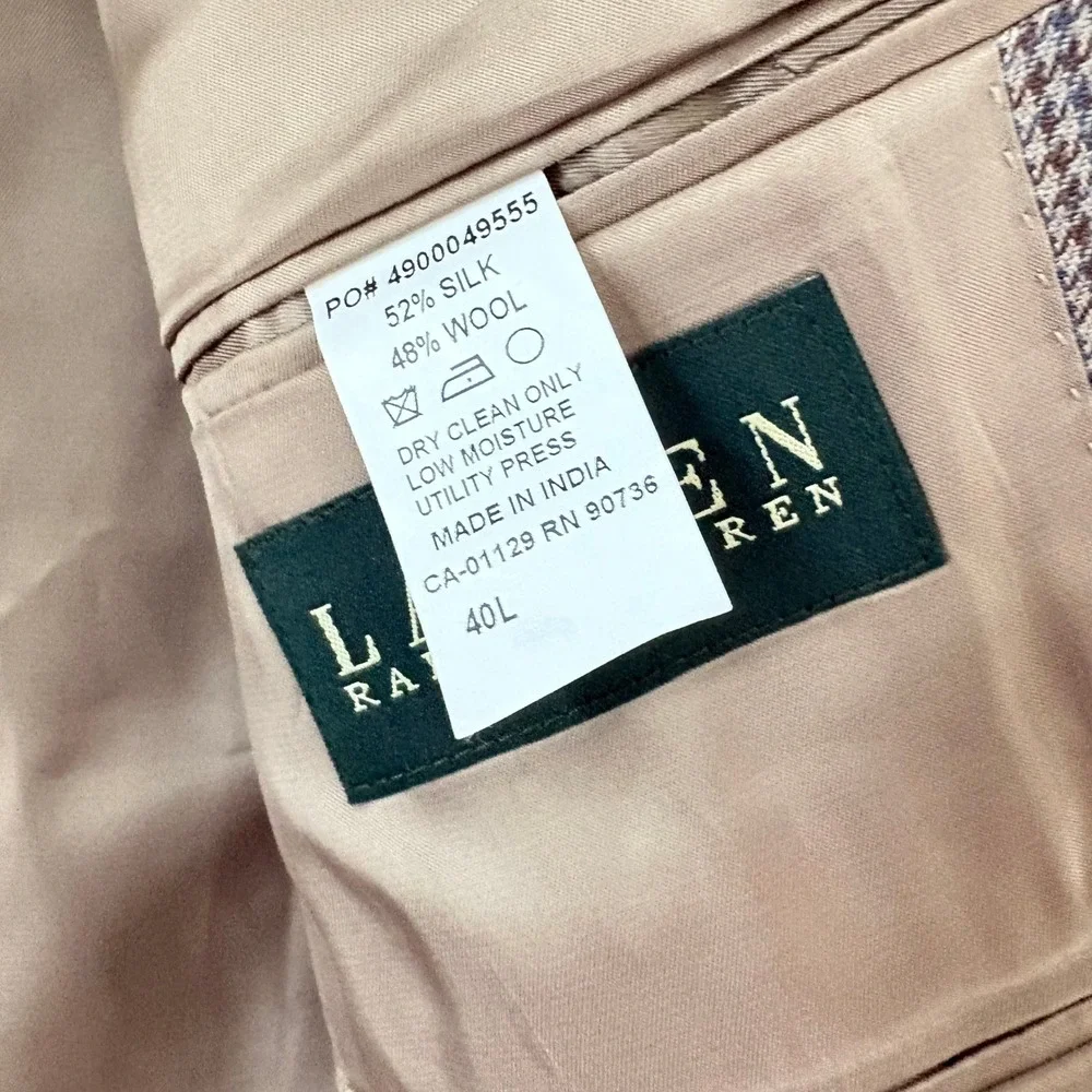 Lauren‎ Ralph Lauren Mens Houndstooth Blazer Tan Brown Blue Sport Coat 2 Button